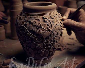 Clay pottery art print, Hand designed clay pot, Digital download pottery design, Hand sculpted ceramic art, Modern home decor, JPG file
