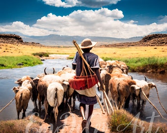 Mount Kenya Scenery, African landscape art, Teenage boy with cattle, African wildlife art, Pastoral landscape, river stream, digitaldownload