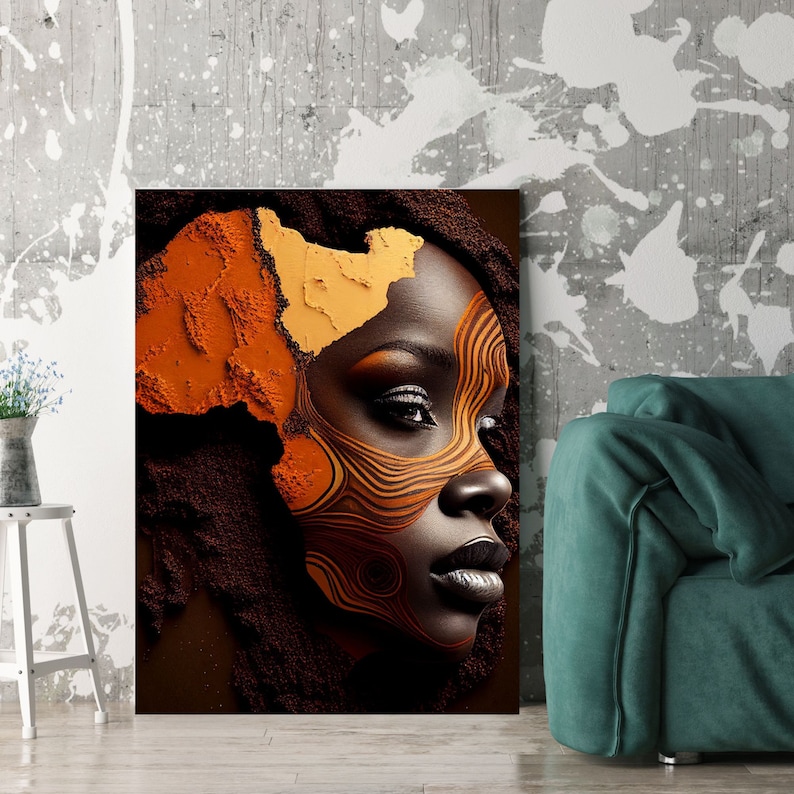 May include: A close-up of a woman's face with intricate orange and brown makeup. The makeup design resembles a map of Africa.