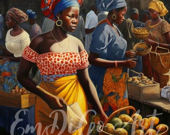 African women print, Kitenge art, African marketplace scene, African culture artwork, ethnic fashion, home decor wall art, digital download