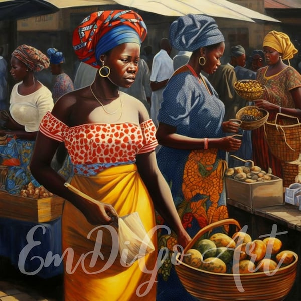 African women print, Kitenge art, African marketplace scene, African culture artwork, ethnic fashion, home decor wall art, digital download