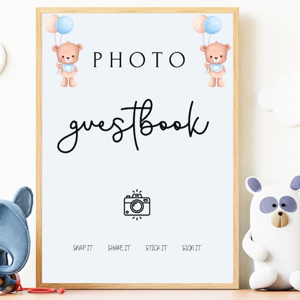 Photo Guestbook Sign, Personalized Baby Shower Guest Book, Bohemian Polaroid Guest Book Sign, Teddy Baby Shower Ideas. Baby Shower Boy