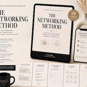 May include: A digital networking guide titled "The Networking Method" displayed on a tablet and phone. The guide includes 18 pages and offers tools like LinkedIn scripts, ice breakers, and an elevator pitch builder. A black mug with text is also visible.
