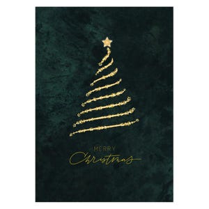 Élégante carte de sapin de Noël verte et or - carte de voeux de sapin de Noël doré - carte de sapin de Noël chatoyante unique pour les vacances, voeux de fête
