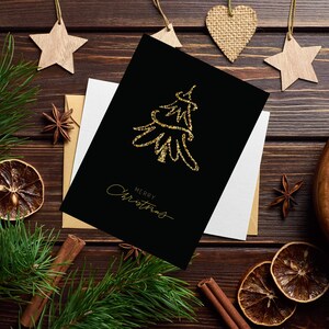 Élégante carte de sapin de Noël noir et or - carte de voeux de sapin de Noël doré - carte de fête de sapin de Noël chatoyante unique pour les vacances