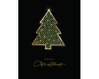 Elegant Black And Gold Christmas Tree Card - Golden Christmas Tree Greeting Card - Holiday Unique Shimmer Xmas Tree Card- FESTIVE Greetings