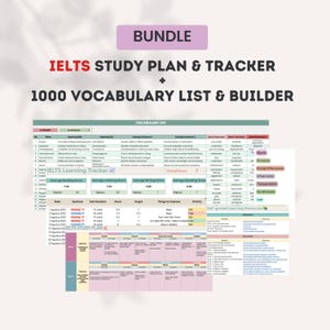 Pacchetto IELTS Study Planner & Tracker / Preparazione digitale IELTS / Foglio di calcolo con elenco di 1000 vocaboli / Vocabulary Builder per l'esame IELTS
