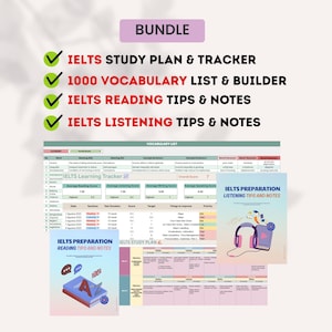 Op de afbeelding: Een bundel IELTS-studiemateriaal, inclusief een studieplan, een woordenlijst en tips voor lezen en luisteren. De afbeelding toont kleurrijke documenten en een tracker, ontworpen om te helpen bij de voorbereiding op de test.