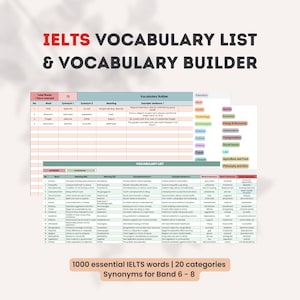 Könnte beinhalten: Eine Vokabelliste und ein Vokabeltrainer für IELTS, mit einer detaillierten Tabelle mit Wörtern, Synonymen und Bedeutungen. Das Bild enthält den Text "IELTS VOCABULARY LIST & VOCABULARY BUILDER" und "1000 essentielle IELTS-Wörter | 20 Kategorien".