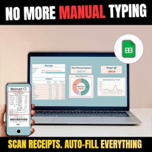 Automated Google Sheets Budget Planner with AI Receipt Scanner and OCR technology for small business bookkeeping. Laptop dashboard showing financial charts and expense trends synced with a smartphone scanning a receipt to auto-fill data. Best automated expense tracker for taxes, receipt organization, and financial management. No more manual typing digital tool for entrepreneurs, travelers, and personal finance users who want to save hours every month.