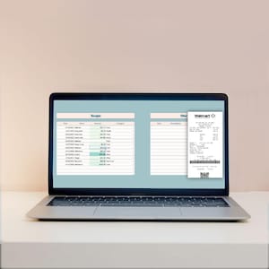 Automated Google Sheets Budget Planner with AI Receipt Scanner and OCR technology for small business bookkeeping. Laptop dashboard showing financial charts and expense trends synced with a smartphone scanning a receipt to auto-fill data. Best automated expense tracker for taxes, receipt organization, and financial management. No more manual typing digital tool for entrepreneurs, travelers, and personal finance users who want to save hours every month.