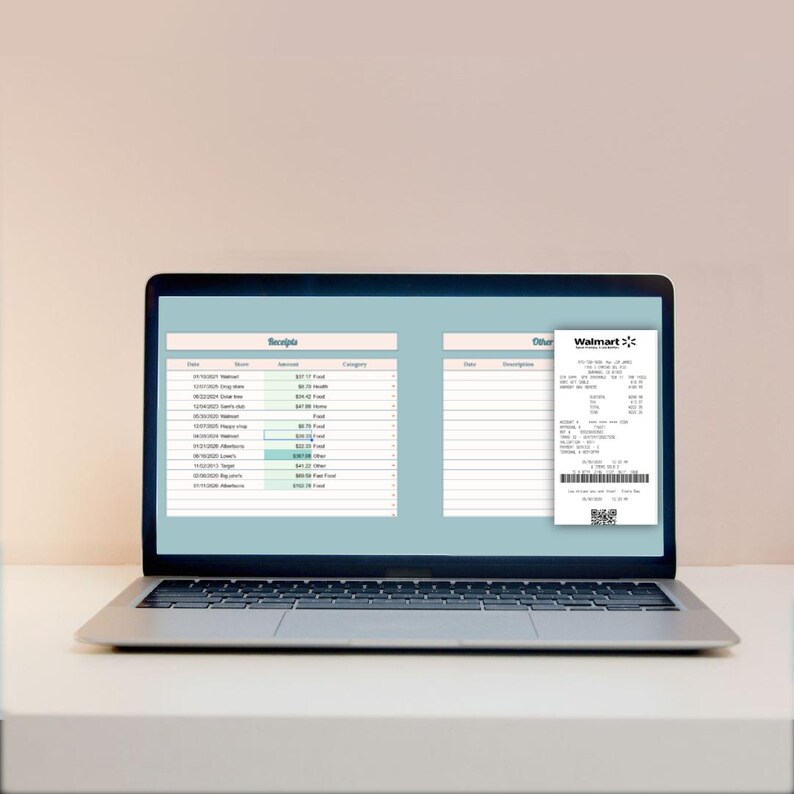 Automated Google Sheets Budget Planner with AI Receipt Scanner and OCR technology for small business bookkeeping. Laptop dashboard showing financial charts and expense trends synced with a smartphone scanning a receipt to auto-fill data. Best automated expense tracker for taxes, receipt organization, and financial management. No more manual typing digital tool for entrepreneurs, travelers, and personal finance users who want to save hours every month.
