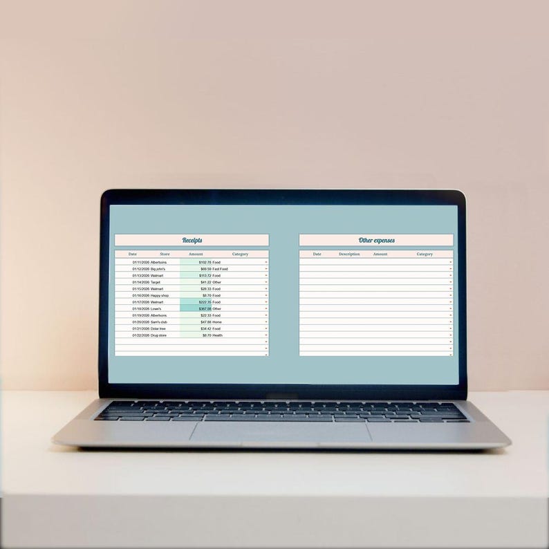 Automated Google Sheets Budget Planner with AI Receipt Scanner and OCR technology for small business bookkeeping. Laptop dashboard showing financial charts and expense trends synced with a smartphone scanning a receipt to auto-fill data. Best automated expense tracker for taxes, receipt organization, and financial management. No more manual typing digital tool for entrepreneurs, travelers, and personal finance users who want to save hours every month.