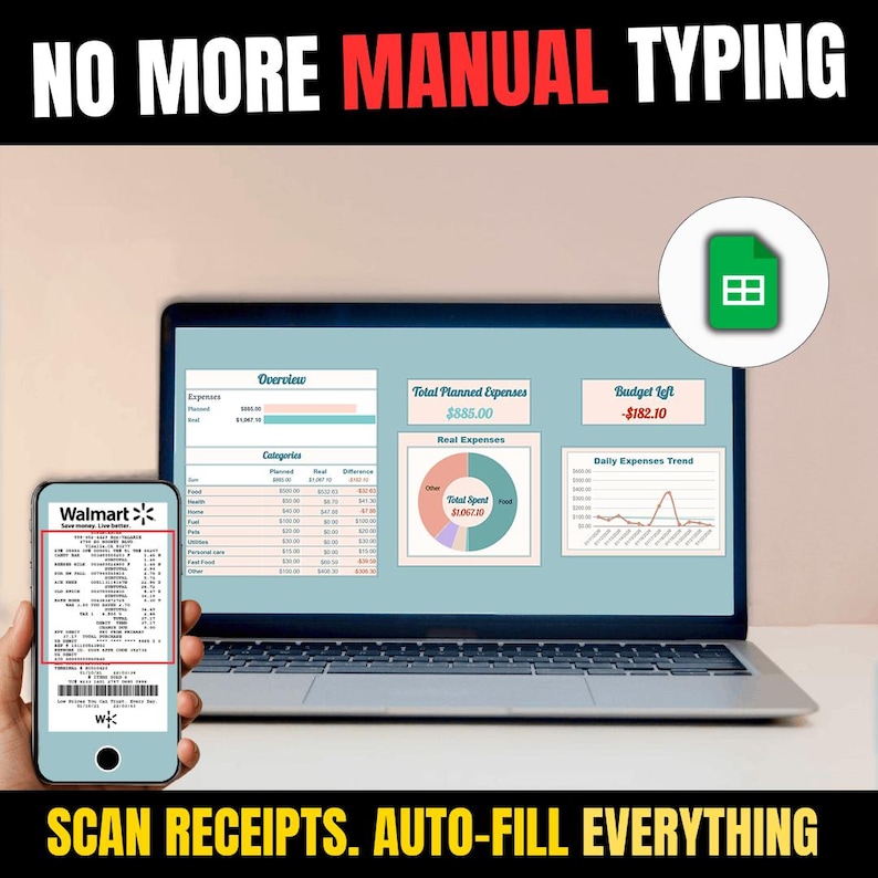 Automated Google Sheets Budget Planner with AI Receipt Scanner and OCR technology for small business bookkeeping. Laptop dashboard showing financial charts and expense trends synced with a smartphone scanning a receipt to auto-fill data. Best automated expense tracker for taxes, receipt organization, and financial management. No more manual typing digital tool for entrepreneurs, travelers, and personal finance users who want to save hours every month.