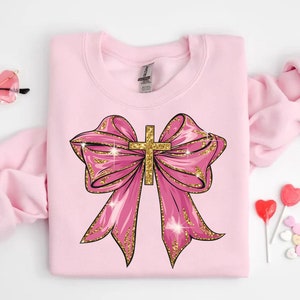 Valentine&#39;s Day Coquette Bow Sweatshirt, Christian Sweatshirt, Love Jesus Sweatshirt, Trendy Bible Hoodie, Gift for her, Women&#39;s Sweatshirt