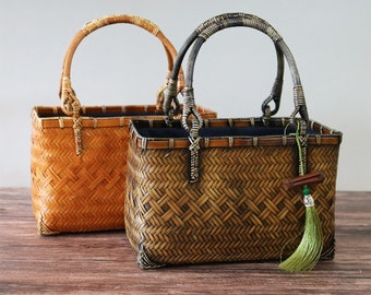 Handwoven retro bamboo woven bag, bamboo bag, women's handbag, bamboo woven basket, household tea set storage bag