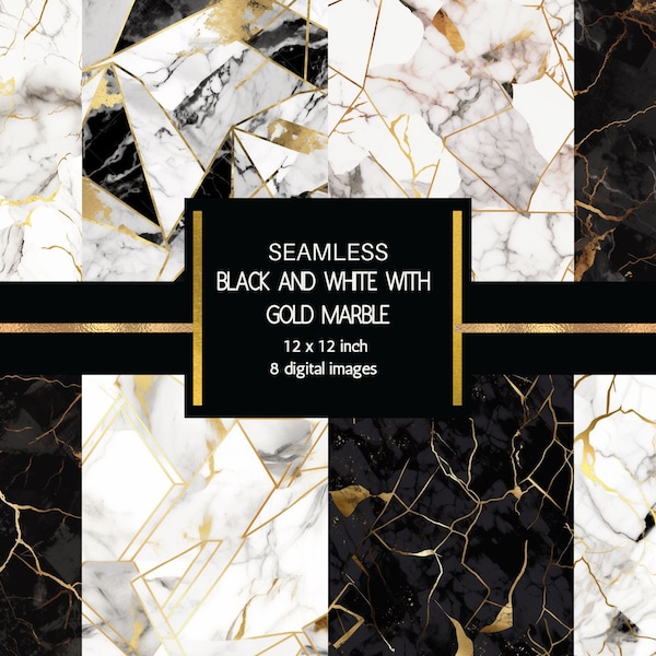 Seamless Gold Black and White Marble Digital Paper Pack - seamless pattern, printable pattern, personal projects, commercial use