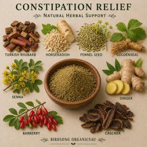 May include: A selection of natural herbal remedies for constipation, including Turkish rhubarb, horseradish, fennel seed, goldenseal, senna, ginger, barberry, cascara, and a bowl of powder. The image is labelled "Constipation Relief" and "Natural Herbal Support."