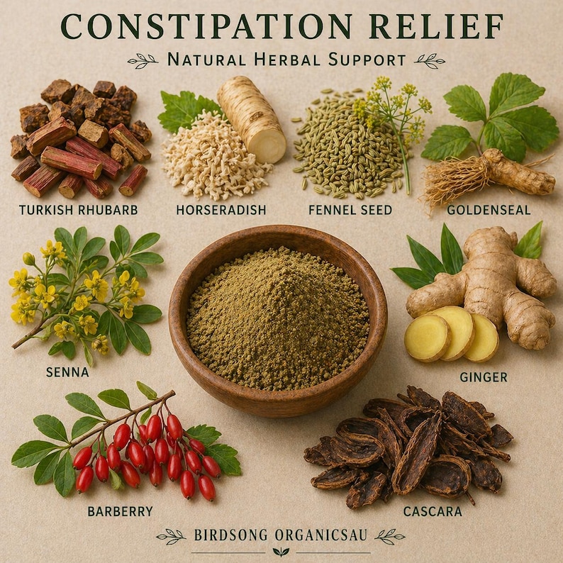 May include: A selection of natural herbal remedies for constipation, including Turkish rhubarb, horseradish, fennel seed, goldenseal, senna, ginger, barberry, cascara, and a bowl of powder. The image is labelled "Constipation Relief" and "Natural Herbal Support."