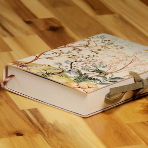 Leather Journal Notebook – Pione & Camellia Blossom with Birds and Butterflies – Gift for Her, Writers, Artists, Birthday Present
