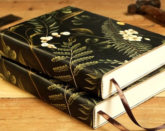 Handmade Black Leather Journal – White Flower, Berry & Fern Embossed Notebook