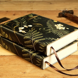 Leather Journal Notebook – White Flowers, Berries, Fern & Leaves – Black Genuine Leather – Handmade Gift for Her, Writers, Birthday Present