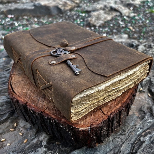 Vintage Leather Journal Handmade Deckle Edge Unlined Paper Book of Shadows Grimoire Fantasy Junk Scrapbook Antique Gift dnd Spell Book