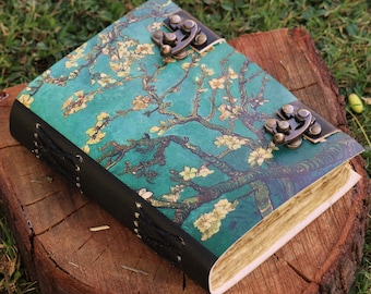 Handmade Leather Journal Floral Almond Blossom Van Gogh Blossoming Trees Journal Deckle Edge Paper Journal with Lock