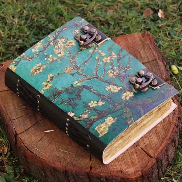 Journal en cuir fait main, fleurs d'amandier florales, arbres en fleurs Van Gogh, journal en papier avec cadenas