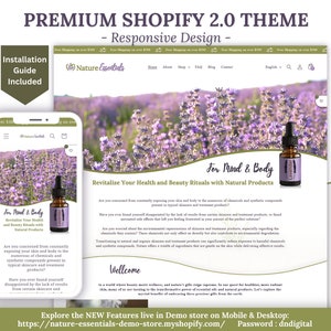 Può includere: Design del tema Shopify 2.0 con sfondo di campo di lavanda. La presentazione include viste mobile e desktop, entrambe con un flacone di prodotto. Il testo include "Per la mente e il corpo" e "Rivitalizza i tuoi rituali di salute e bellezza con prodotti naturali".