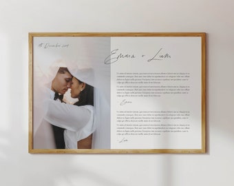 May include: A framed wedding print with a black and white photo of a couple embracing. The print includes the date "11th December 2019" and the names "Emma + Liam" with a handwritten message below.