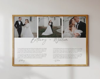 May include: A framed wedding photo collage featuring three images of a couple. The names "Bethany + William" are written in cursive script. The frame is made of light brown wood.