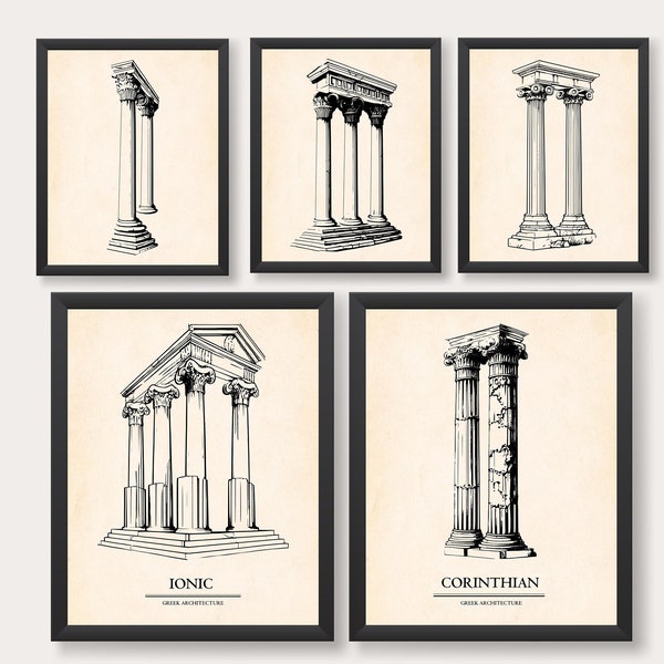 Ancient Greek Architecture Drawing Set of 5 |  Ancient Columns Drawing | Greek Architectural Sketch Wall Art | Hellenic Architecture Poster