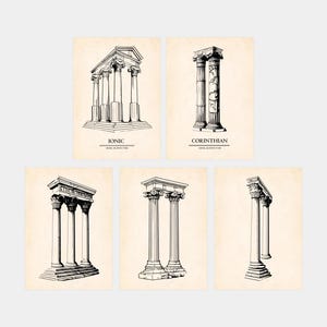 Ancient Greek Architecture Drawing Set of 5 |  Ancient Architecture Columns Drawing | Architectural Sketch Wall Art | Hellenic Architecture