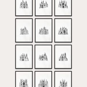 Gothic Cathedral Line Art Prints: Architectural Sketch Set of 13 (Digital Download)