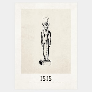 May include: A black and white print of the Egyptian goddess Isis. The artwork depicts a standing figure with a headdress and hieroglyphs. The word "ISIS" is printed in bold letters at the bottom of the image.