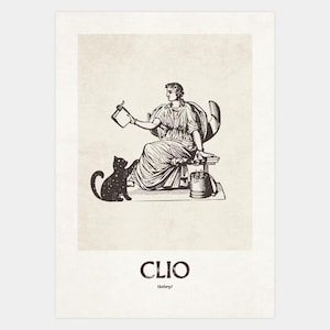 Pôster Clio Muse: Arte da Mitologia Grega com Gato Místico (Download Digital)