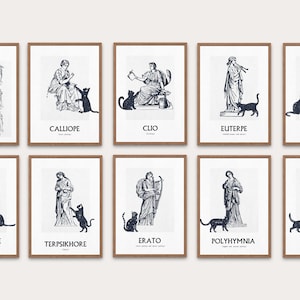 Nove Musas com Gatos Místicos: Conjunto de Pôsteres de Mitologia Grega (Download Digital)