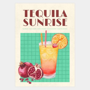 Tequila Sunrise Bar Cart Art | Tequila Sunrise Dining Room Poster for Bar Cart Wall | Retro Kitchen Decoration Idea