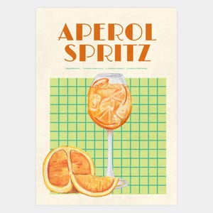 Aquarel Aperol Spritz Bar Cart Art | Aperol Spritz afdrukbare muurkunst | Retro barwagenposter | Idee voor eetkamerdecoratie