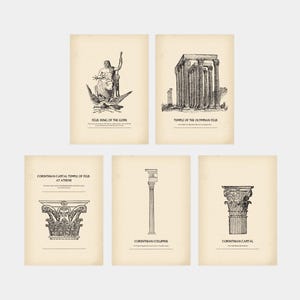 Ensemble de 5 affiches sur la mythologie de la Grèce antique | Architecture du temple de Zeus | Art mural architecture ancienne