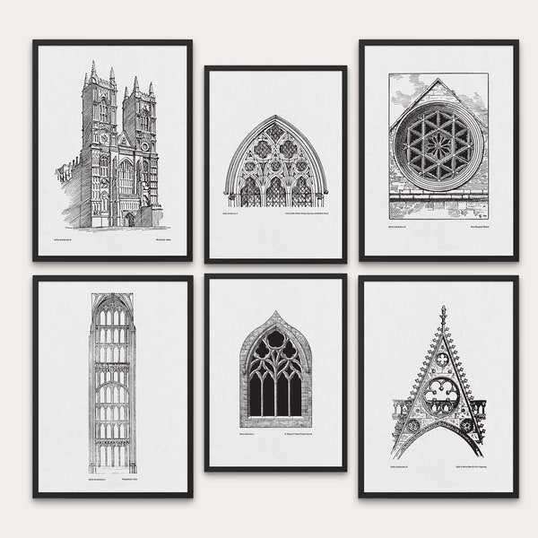 Gothic Architecture Poster Set of 6 | Architectural Gothic Art Painting | Ancient Architectural Wall Art |