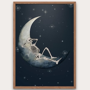 Spooky Wall Art Skeleton on The Moon | Halloween Wall Art Skeleton Print | Printable Skeleton Poster for Spooky Season