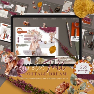 May include: A digital planner with a watercolor illustration of a woman with flowers in her hair. The planner has a fall theme with leaves, mushrooms, and other autumnal elements. The text "aesthetic fall cottage dream" is written in a decorative font. The text "235 png" is also visible in the image.