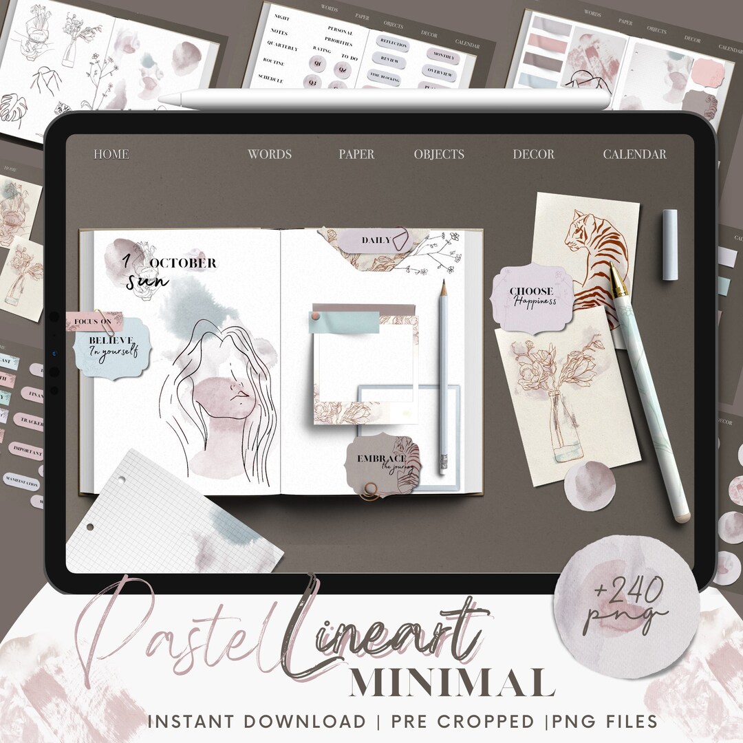Minimal Line Art Pastel Digital Stickers | Goodnotes Stickerbook ...