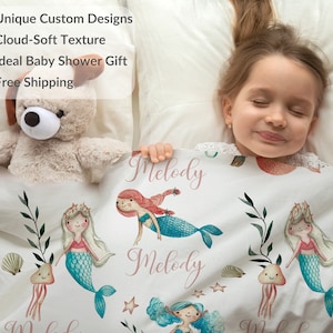 Mermaid Personalized Blanket For Baby & Kids -Custom Name Nursery Blanket - Unique Custom Gift for Newborn, Toddler, Baby Shower, Girls