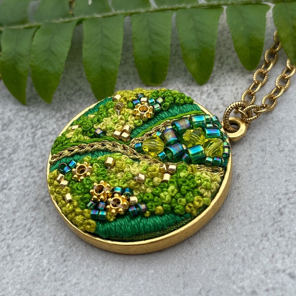 Embroidered gold necklace- PARADISE GARDEN- 1.5 inch diameter- 24k plated- floral embroidered gold necklace- gift for her- wedding jewelry