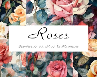 Puede incluir: Un conjunto de 12 patrones de papel digital sin costuras con rosas de acuarela en varios colores, incluyendo rosa, rojo, amarillo y blanco. Los patrones son de 300 DPI y perfectos para proyectos de manualidades.