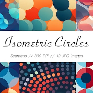 Op de afbeelding: Een set van 12 naadloze digitale papierpatronen met isometrische cirkels in verschillende kleuren en ontwerpen. De patronen zijn perfect voor het maken van achtergronden, texturen en andere creatieve projecten.