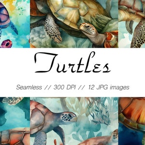 Può includere: Motivo senza cuciture con illustrazioni ad acquerello di tartarughe marine colorate che nuotano in un oceano blu. Il motivo è perfetto per creare design unici e vivaci per tessuti, carta da parati e altri progetti creativi.